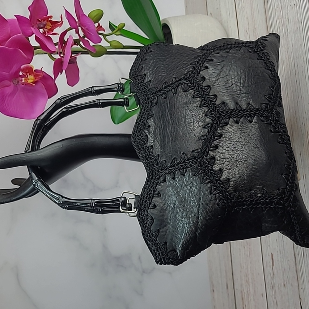 Black Mini Tote Bag with Bamboo-Style Handles